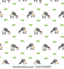 Sheep character cartoon. Seamless pattern. Cute farm animal. Flower, grass and plant. Vector drawing. Design ornaments.