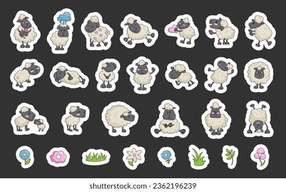 Sheep character cartoon. Sticker Bookmark. Cute farm animal. Flower, grass, plant. Vector drawing. Collection of design elements.