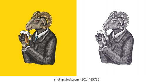 Sheep character. Ovis or mutton with beer. Fashionable animal, vitorian gentleman in a jacket. Hand drawn Engraved old monochrome sketch. Vector illustration for t-shirt, tattoo or badge or print