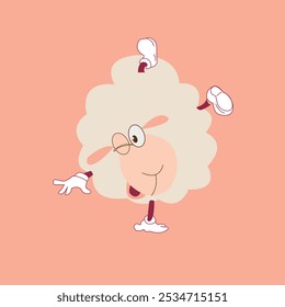 A sheep character with white gloves, in a cartoon style, vector illustration, simple flat design, minimalistic, on a pastel pink background, with a happy expression, performing a handstand pose. 