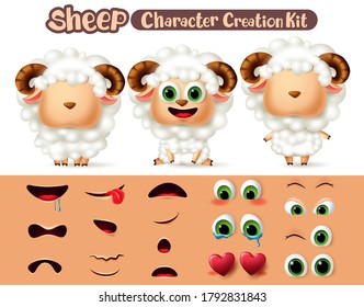 Sheep characters creation vector set. Sheeps lamb character editable animal create eyes and mouth kit in different facial expression for animal collection design Vector illustration