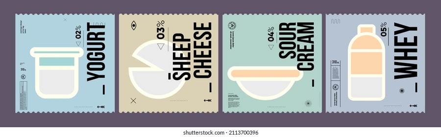 Sheep cheese, sour cream, whey, yogurt. Farmer's products. A set of vector labels in a modern, minimalist style. Geometric icons and elements. 