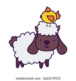 sheep with chick in head farm animal cartoon vector illustration