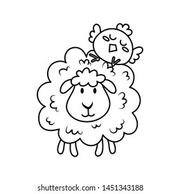 A sheep and a chick vector illustration cartoon. A chick standing on a sheep. Cute lamb and chicken vector cartoon colorless for coloring book. 