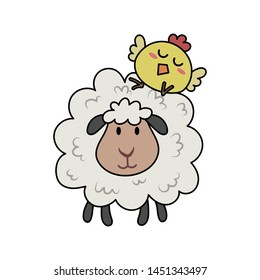 A sheep and a chick vector illustration cartoon. A chick standing on a sheep. Cute lamb and chicken vector pastel cartoon isolated on white background. 