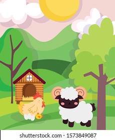  sheep and chicken farm animals and trees, vector illustration