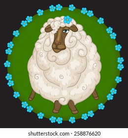 Sheep in a circular frame of flowers / vector illustration