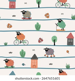 Sheep in the cite with horizontal road map. Cute cartoon sheep on a skateboard, bike and rollers in flat style.
