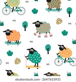 Sheep in the cite seamless pattern. Colorful cartoon sheep on a skateboard, bike and rollers in flat style.