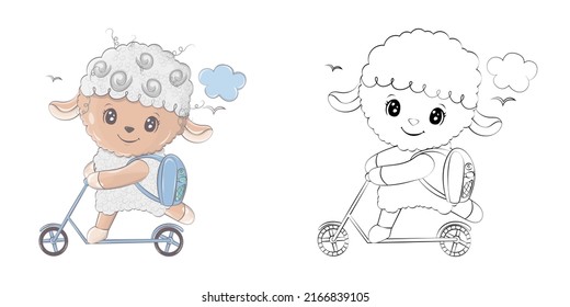 Sheep Clipart for Coloring Page and Multicolored Illustration. Adorable Clip Art Lamb on a Scooter. Vector Illustration of an Animal for Coloring Pages, Prints for Clothes, Stickers, Baby Shower.  svg