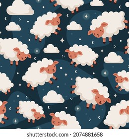 Sheep and clouds flying in the sky vector seamless pattern with cute lambs and stars, sweet dreams. Illustration for children in a flat cartoon style on a blue background.