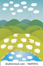 Sheep and clouds Sheep wondering the fleecy sky reflecting in the water.