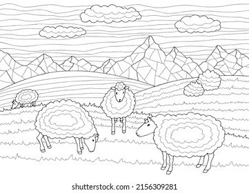 Sheep coloring feeding grass in a meadow in the mountains graphic black white sketch illustration vector