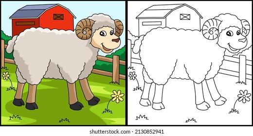 Sheep Coloring Page Colored Illustration