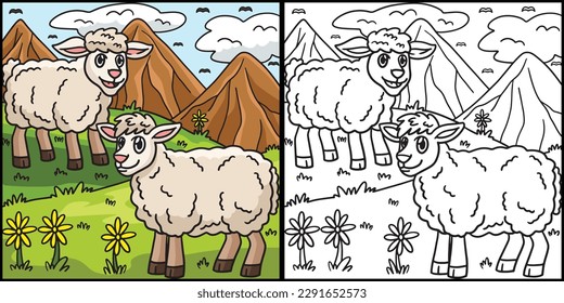 Sheep Coloring Page Colored Illustration