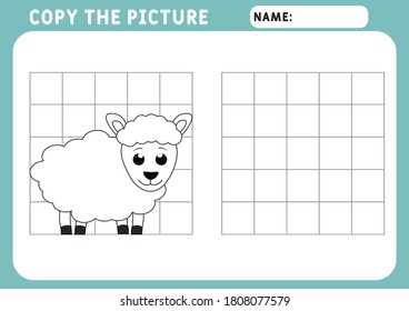 Sheep coloring page. Educational game for children. Copy the picture. Illustration and vector outline - A4 paper, ready for printing. Preschool worksheet.