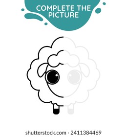 sheep complete the picture symmetry drawing activity cute outline illustration suitable for coloring books page for children black and white educational preschool activity sheet vector isolated