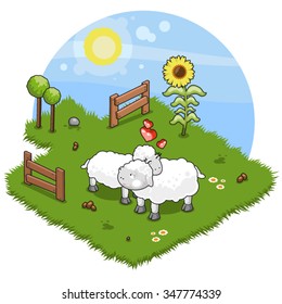 Sheep couple in love hugging each other on a blooming meadow in summertime (isometric illustration)
