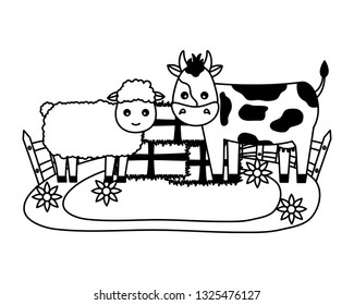 sheep and cow bales of hay farm