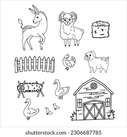 Sheep, Cow, Goat and Pig. Farm animals and buildings. Hay. Tractor. Barn. Cattle breeding Vector illustration isolated on white background.