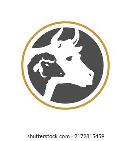 Sheep Cow Livestock Farm Animal Agriculture Circle Frame Vintage Logo Vector Illustration. Countryside Farming Butchery Shop Organic Meat Dairy Food Production Cattle Breeding. Butcher Ecology Store