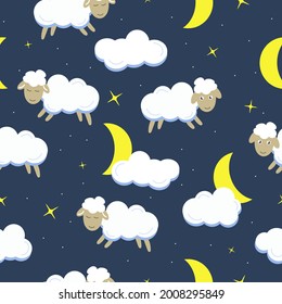 Mouton, croissant, nuage et étoile sur fond bleu foncé. Motif harmonieux. Illustration vectorielle de dessin animé