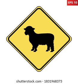 Sheep crossing road sign. Vector illustration of yellow diamond shaped warning traffic sign with sheep icon inside isolated on white background. Caution animals on road.