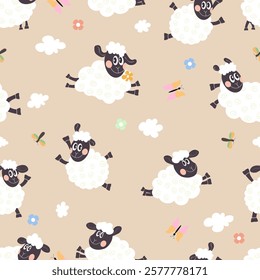 Sheep, cute cartoon sheep, butterflies, clouds, beige background, animal, seamless pattern