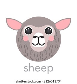Retrato de piel de oveja con nombre de texto sonrisa de la cabeza caricatura de forma redonda cara animal, aislado avatar de cordero ilustraciones de icono del vector sobre fondo blanco. Póster de mano simple plana para niños, ropa para bebés