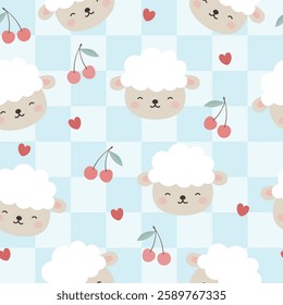 Sheep Cute Seamless Pattern, adorable animal design for kids, vector illustration