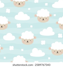Sheep Cute Seamless Pattern, adorable animal design for kids, vector illustration