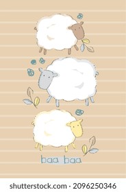 Sheep, Cute T-shirt design for kids, vector illustration. graphic Print designs for baby. Can be used for fashion print design, kids wear, girls clothes, poster, nursery wall decor, background