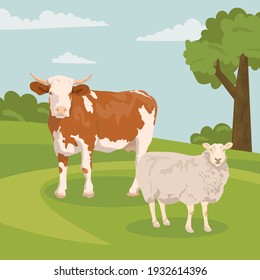 Sheep or dairy cow. cartoon vector cute animals on the farm. Sheep and cow for farm concept. lamb and calf on the background of the pasture. nature field background