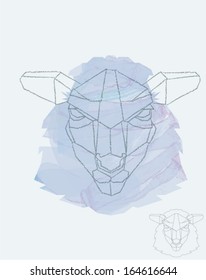 Sheep depiction in geometric style, watercolor underneath
