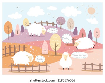 Sheep design in the farm and spring meadow.