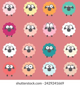 Sheep with different appearance, seamless pattern, pink background, print, paper, textile, vector illustration in flat design, animal, color image, simple, multicolored, seamless pattern.
