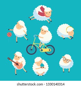Sheep in different poses isolated on blue background