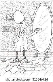 the sheep  does makeup in the mirror and  throttled isolated on the white background