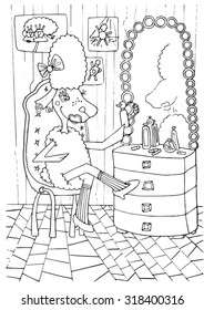 the sheep doing makeup in the mirror isolated on the white background