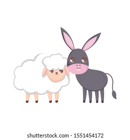 sheep and donkey animals cartoon vector illustration