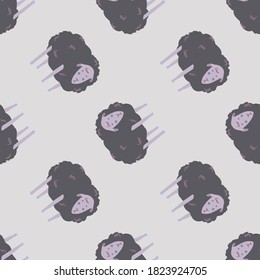 Sheep doodle silhouettes seamless pattern. Animal simple print in purple colors on light grey background. Cartoon childish backdrop. For fabric design, textile, wrapping, cover. Vector illustration.