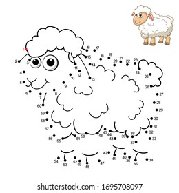 Sheep. Dot to dot Game. Connect the dots by numbers to draw the Lamb. Game and Coloring Page with cartoon cute Sheep. Logic Games for Kids. Education card for kids learning counting number 1-60.