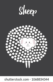 Sheep in dots, white, pink and black colors palette vector illustration card template on a dark gray background