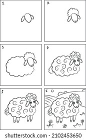  Sheep drawing instruction and coloring book