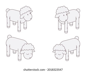 Sheep drawn with outline style in various poses. Lovely farm animals isolated on white