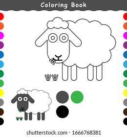 the sheep is eating grass, a coloring book illustration vector, clean flat design, cartoon geometric style