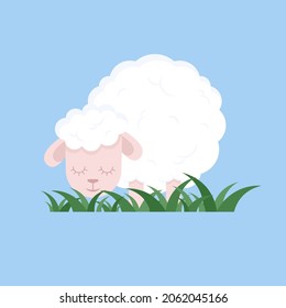 Sheep eating grass. Cute cartoon character vector illustration. Animal collection