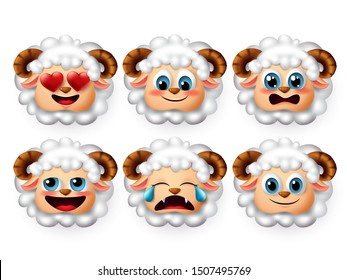 Sheep emoji vector set. Lamb or sheeps face emoticon with cute emotions like inlove and shy isolated in white background. Vector illustration 3d realistic.