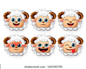 Sheep emoticon and emojis vector set.  Sheeps or lamb face emoticons with 3d realistic design in angry and funny facial expression isolated in white background. Vector illustration.
