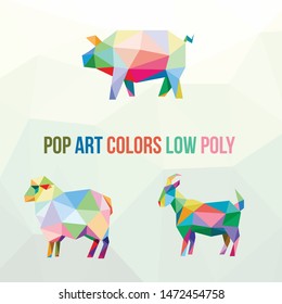 SHEEP EWE GOAT PIG ANIMAL FARM POP ART LOW POLY LOGO ICON SYMBOL SET. TRIANGLE GEOMETRIC POLYGON